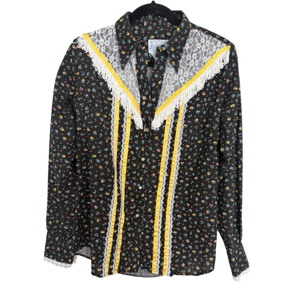 70s/80s Rockmount Tru-West Western Shirt | Black Floral Prairie Lace Fringe Boho